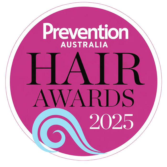 Logo for Prevention Australia Hair Awards 2025 with a pink circle and blue wave design.