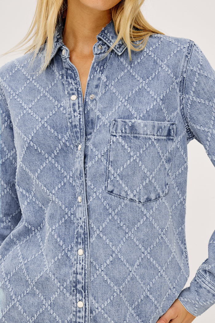 Atticus Shirt in Soft TENCEL™ Denim With Relaxed Fit, Point Collar, Front Button, and Long Sleeves With Flat-Felled Seams and Buttoned Cuffs in Diamond Distress Colorway - Upper Body Front View Featured on Model