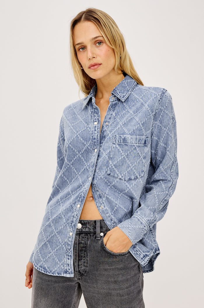 Atticus Shirt in Soft TENCEL™ Denim With Relaxed Fit, Point Collar, Front Button, and Long Sleeves With Flat-Felled Seams and Buttoned Cuffs in Diamond Distress Colorway - Upper Body Front View Featured on Model