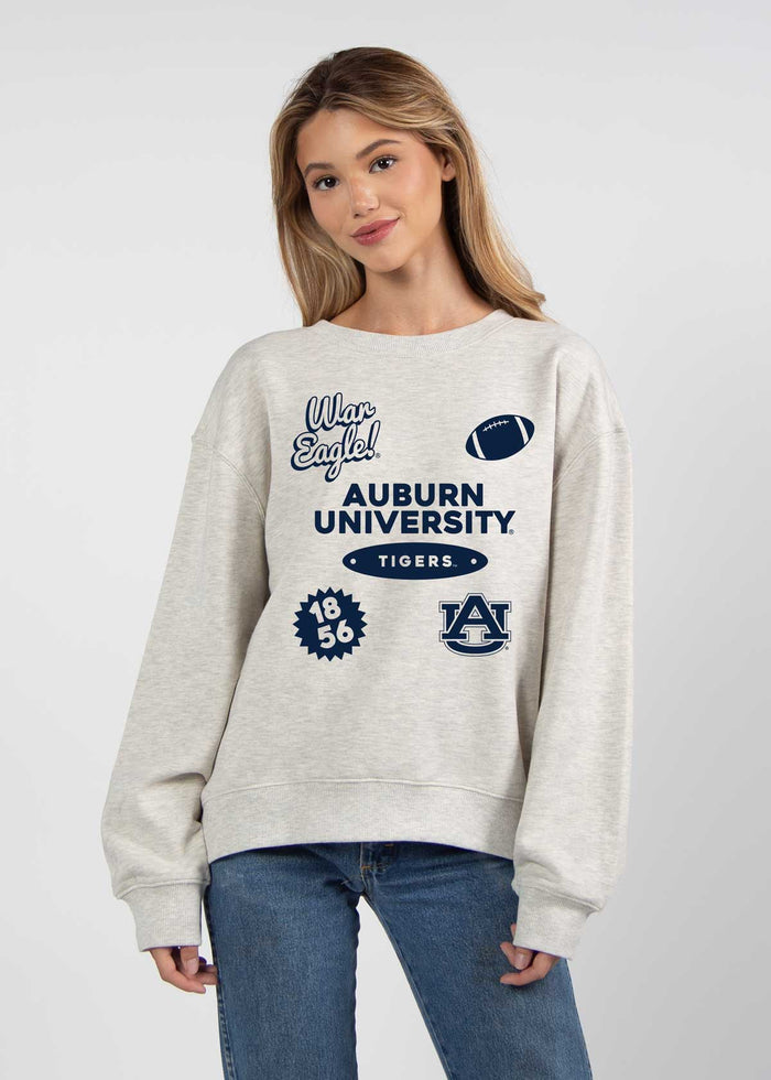 Auburn Tigers Women's Ash-Grey Relaxed Heavyweight Fleece Sweatshirt with Dropped shoulders, crew neckline, back center seam and ribbed neckline, cuffs and hem
