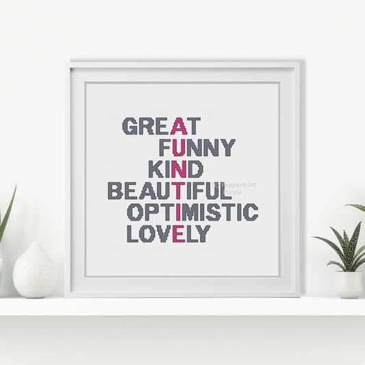 Auntie Acrostic Cross Stitch Pattern by Peppermint Purple
