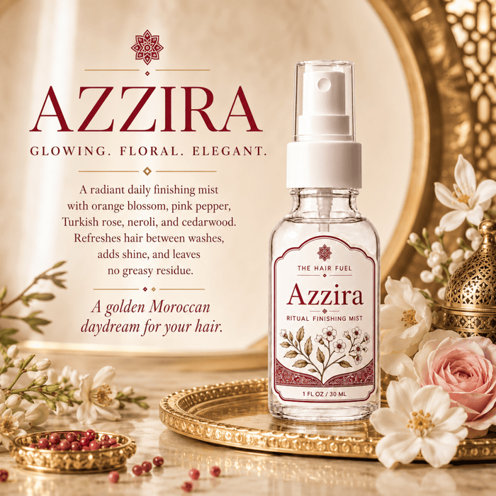 Azzira ritual finishing mist bottle with floral and decorative background