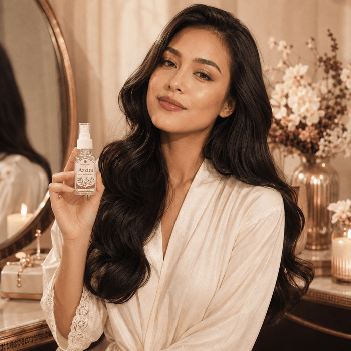 Woman holding a bottle of Azura product in a decorative room.
