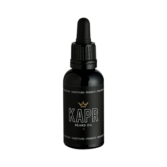 KAPR Beard Oil – zwarte fles met pipet, voedende olie voor een gezonde baard.