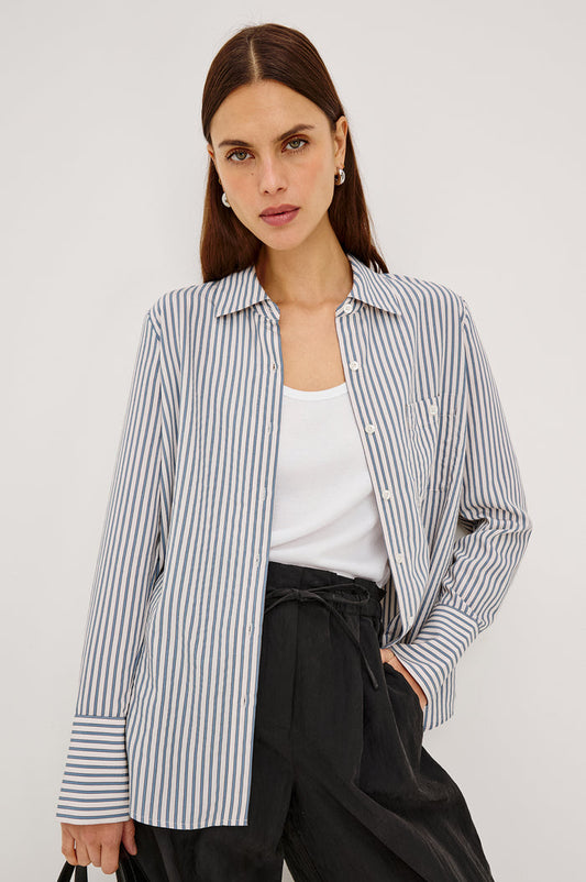 Beck Shirt in Luxe Rayon With Collar, Button Front, Chest Patch Pocket, Long Sleeves, and Relaxed Fit in Ivory Steel Blue Stripe Colorway - Upper Body Front View Featured on Model