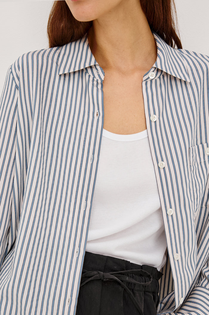 Beck Shirt in Luxe Rayon With Collar, Button Front, Chest Patch Pocket, Long Sleeves, and Relaxed Fit in Ivory Steel Blue Stripe Colorway - Upper Body Front View Featured on Model