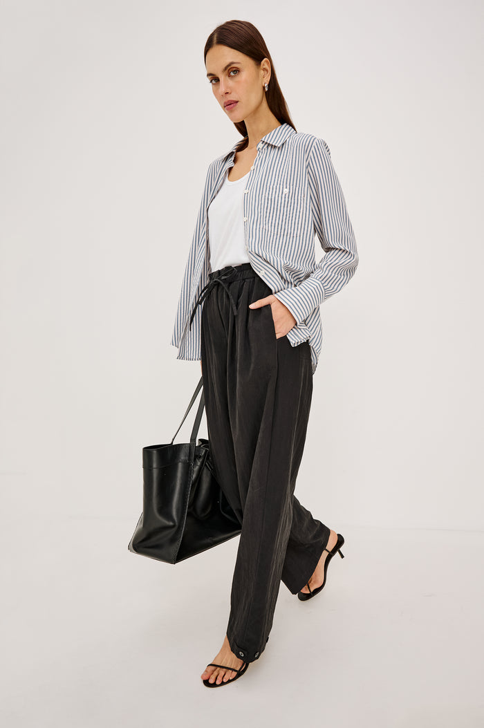Beck Shirt in Luxe Rayon With Collar, Button Front, Chest Patch Pocket, Long Sleeves, and Relaxed Fit in Ivory Steel Blue Stripe Colorway - Full Body Front View Featured on Model