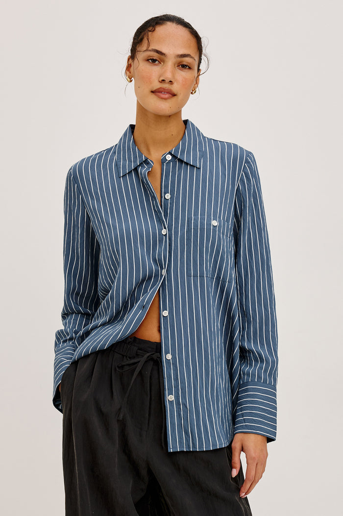 Beck Shirt in Luxe Rayon With Collar, Button Front, Chest Patch Pocket, Long Sleeves, and Relaxed Fit in Washed Indigo Stripe Colorway - Upper Body Front View Featured on Model