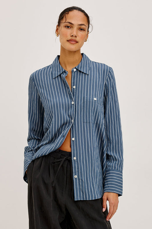 Beck Shirt in Luxe Rayon With Collar, Button Front, Chest Patch Pocket, Long Sleeves, and Relaxed Fit in Washed Indigo Stripe Colorway - Upper Body Front View Featured on Model