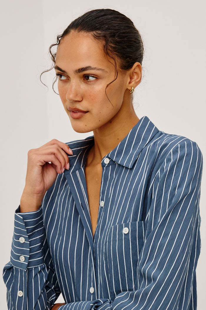 Beck Shirt in Luxe Rayon With Collar, Button Front, Chest Patch Pocket, Long Sleeves, and Relaxed Fit in Washed Indigo Stripe Colorway - Upper Body Front View Featured on Model