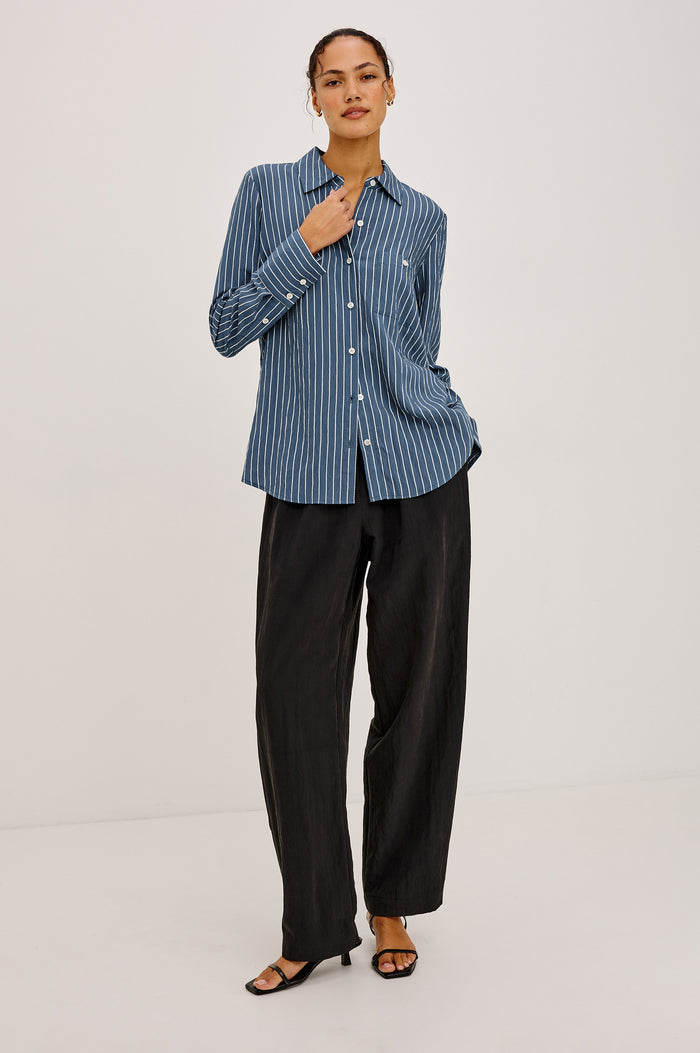Beck Shirt in Luxe Rayon With Collar, Button Front, Chest Patch Pocket, Long Sleeves, and Relaxed Fit in Washed Indigo Stripe Colorway - Full Body Front View Featured on Model