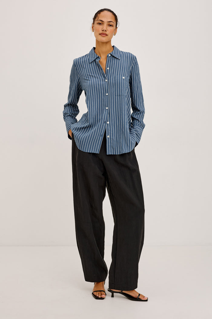 Beck Shirt in Luxe Rayon With Collar, Button Front, Chest Patch Pocket, Long Sleeves, and Relaxed Fit in Washed Indigo Stripe Colorway - Full Body Front View Featured on Model
