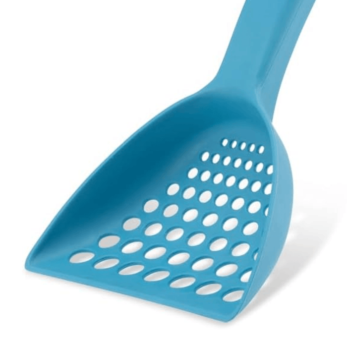 A close up of a bright blue cat litter scoop with a handle and circular perforations, shown on a clean white background.