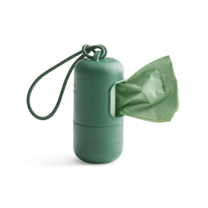 White background with green Beco poop bag dispenser with a bag sticking out to the side.