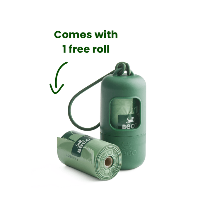 White background with green Beco poop bag dispenser with a roll of bags to the side. With text above stating 'comes with 1 free roll'.