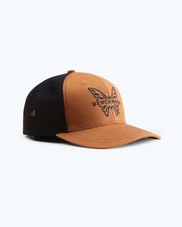 Caramel Black Benchmade Classic Trucker Hat - Side Angle View | Benchmade Knife Co.