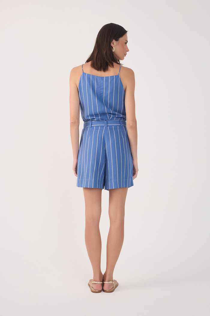 Blue Stripes Belt Loops Linen Shorts_5