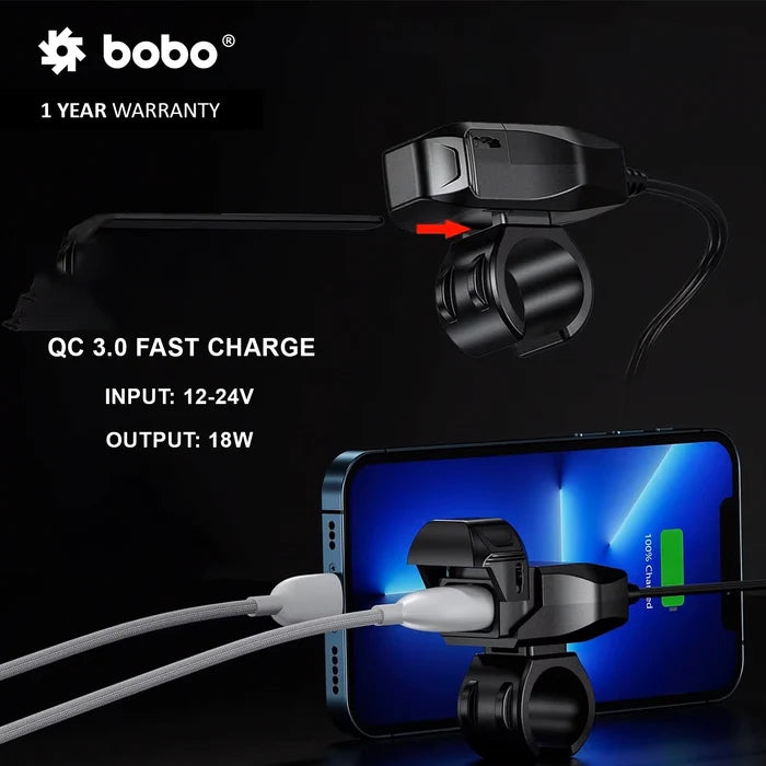 BOBO USB Motorcycle Charger Kit with SAE Connector and Accessories
BOBO USB Charger Box Contents