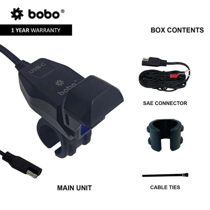 BOBO Waterproof USB-C Charger for Bikes and Motorcycles
Motorcycle USB-C charger package including power cable and spacer