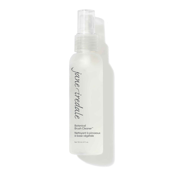 Clear spray bottle of Botanical Brush Cleaner™ | Jane Iredale with simple black text and a white background, designed for gentle, effective skincare brush cleaning.