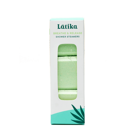 Packaging of Breathe & Release – Aromatherapy Shower Steamers | Latika showing green shower steamer tablets with minimalist design and calming botanical accents.