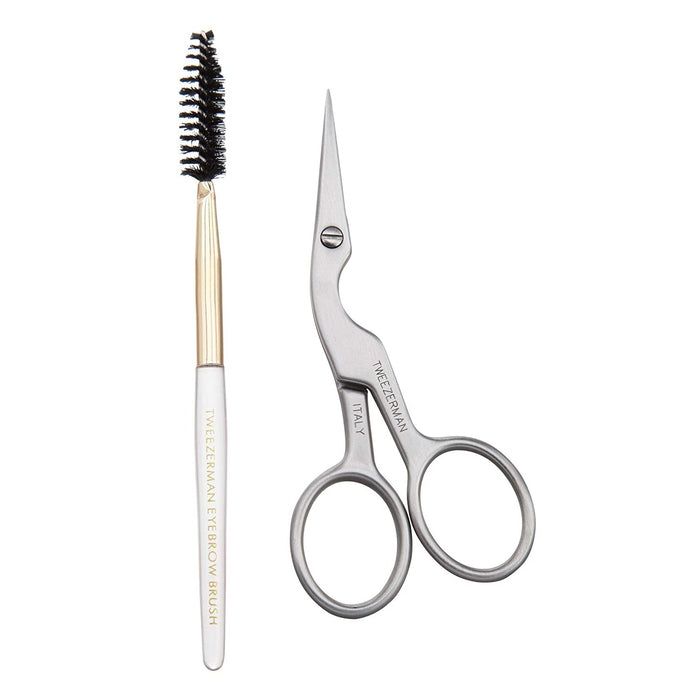 Brow Shaping Scissors & Brush | Tweezerman featuring a stainless steel precision scissors and a dual-ended eyebrow brush with a spoolie for grooming and shaping brows.