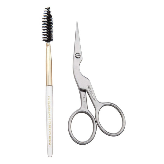 Brow Shaping Scissors & Brush | Tweezerman featuring a stainless steel precision scissors and a dual-ended eyebrow brush with a spoolie for grooming and shaping brows.