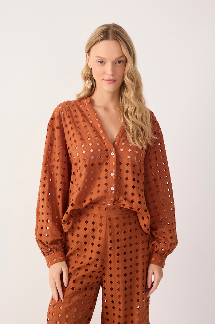 Brown Castanha Lace V Neck Long Sleeve Shirt_2