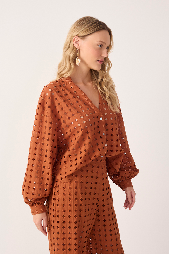 Brown Castanha Lace V Neck Long Sleeve Shirt_3