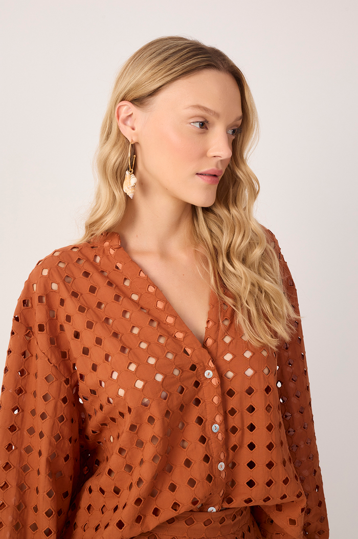 Brown Castanha Lace V Neck Long Sleeve Shirt_4