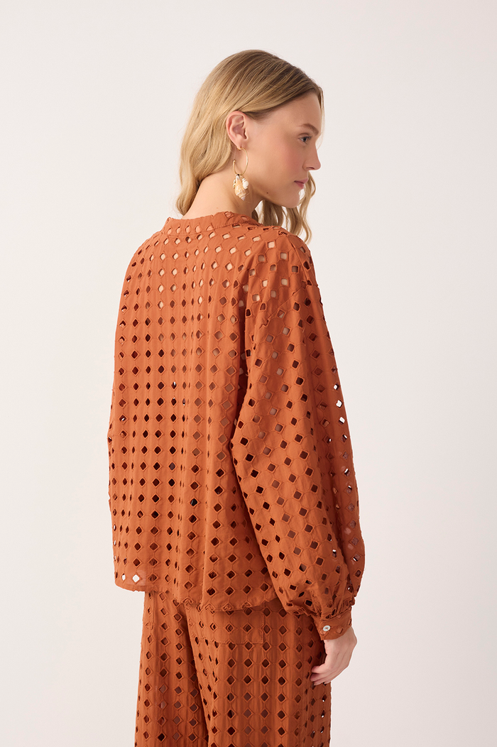 Brown Castanha Lace V Neck Long Sleeve Shirt_6