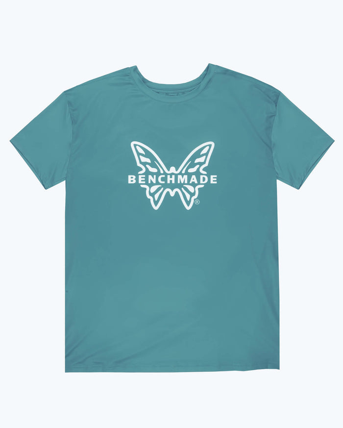 Depth Blue Butterfly Tech Tee - Front Flat Lay, White Butterfly Logo | Benchmade Knife Co.