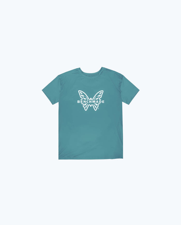 Depth Blue Butterfly Tech Tee - Back Flat Lay, Clean Teal Polyester Fabric | Benchmade Knife Co.