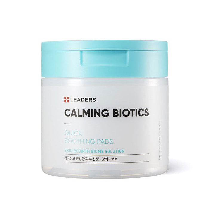 Container of Calming Biotics Quick Soothing Pads | Leaders with a light blue lid, designed for gentle skincare and soothing sensitive skin.