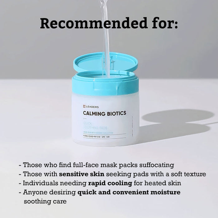 Calming Biotics Quick Soothing Pads | Leaders jar with clear liquid being poured, recommended for sensitive skin, rapid cooling, and quick moisture soothing in skincare routine.