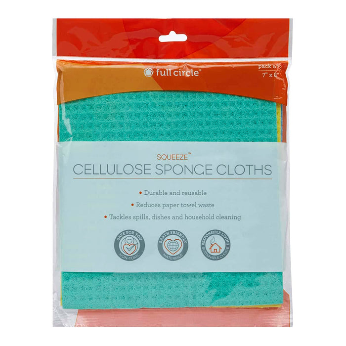 A package of Full Circle Cellulose Sponge Cloths, in turquoise, blue & yellow colours. Clear plastic packaging with a white and orange label. Durable & reusable, reduces paper towel waste. Tackles spills, dishes & household cleaning.