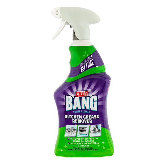 Cillit bang kitchen grease remover spray bottle on white background