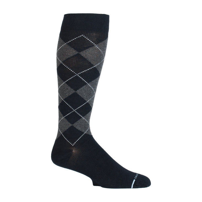 Knee-high compression sock featuring a classic argyle pattern in black and gray tones.