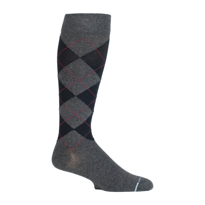 Knee-high compression sock featuring a classic argyle pattern in gray, black, and red.