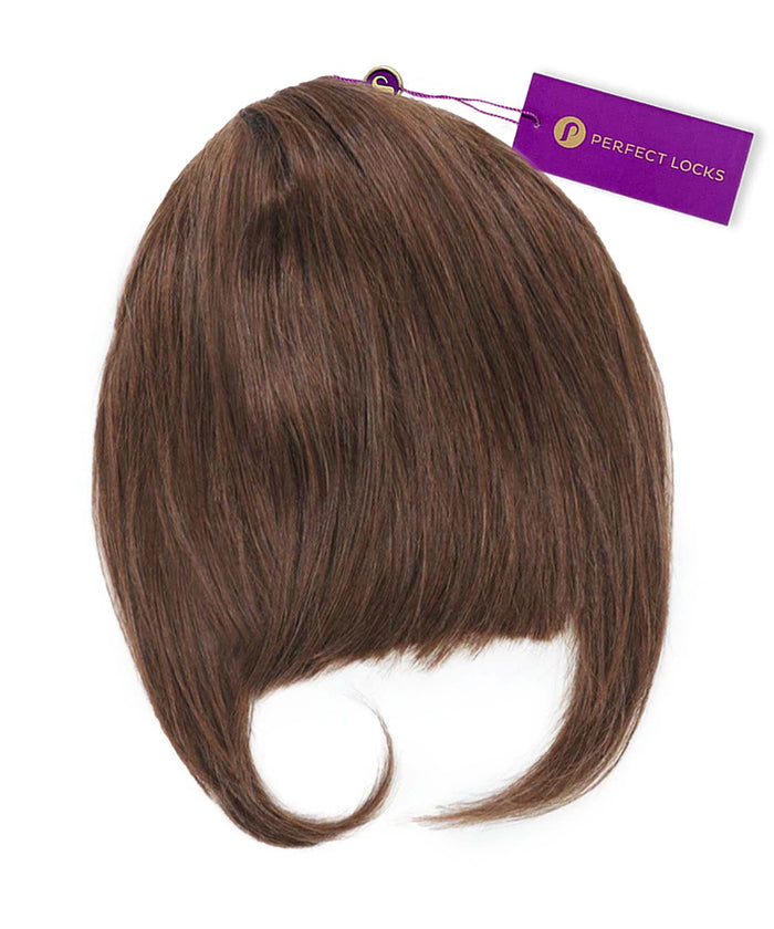 The Perfect Locks Clip-In Bangs in Chocolate Brown  have a curved, side-swept style and a purple Perfect Locks tag on top.#color_chocolate-brown-(3)