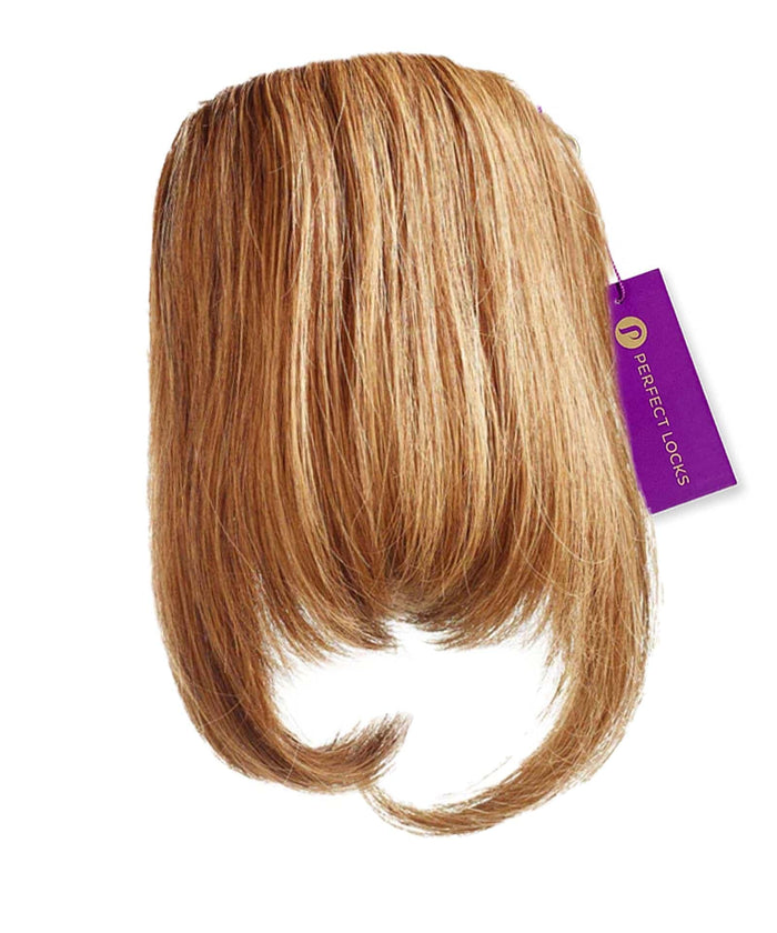 A honey blonde  Clip-In Bangs hair extension by Perfect Locks with straight, curved ends and a purple branded tag attached.#color_honey-blonde-(27)