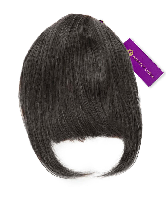 A platinum blonde  clip-in bang by Perfect Locks with straight, smooth strands and a purple Perfect Locks tag.#color_natural-black-(1B)