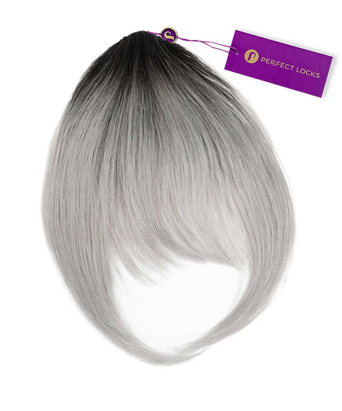 Perfect Locks Clip-In Bangs made with Remy hair, straight ombre from rooted black to silver (1B/S), purple Perfect Locks tag.#color_rooted-black-to-silver-(1B/S)