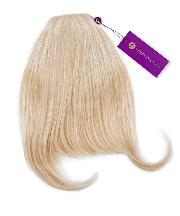 A set of platinum blonde Clip-In Bangs from Perfect Locks, smooth Remy human hair with curved ends and a purple brand tag.#color_platinum-blonde-(613)