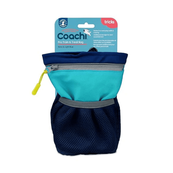 White background with a a Coachi Pro Train and Treat bag in navy and turquoise with a blue tag attached to the top.
