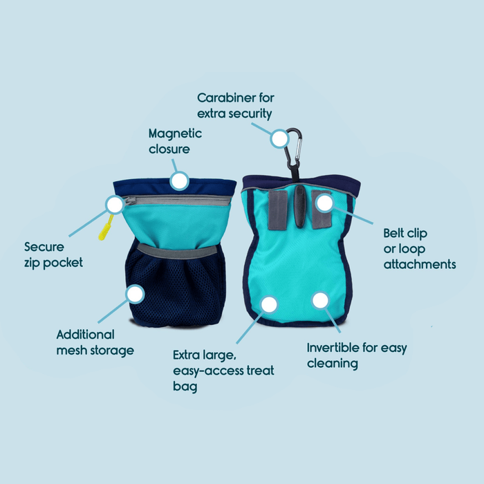 Light blue background with a Coachi Pro Train and Treat bag in navy and turquoise with features listed around it.