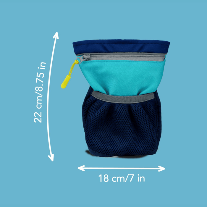 Blue background with a Coachi Pro Train and Treat bag in navy and turquoise with measurements around it.