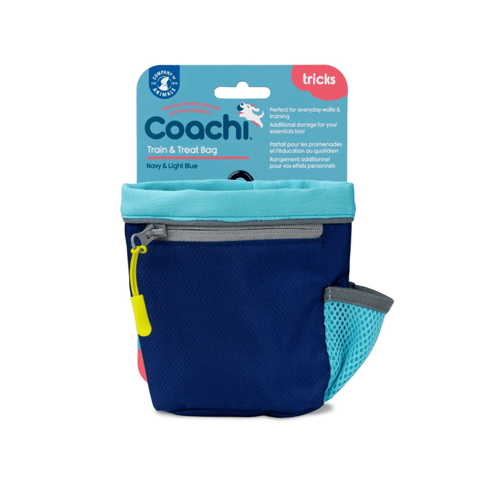 White background with a Coachi Train and Treat pouch in navy and turquoise with a blue tag attached to the top.