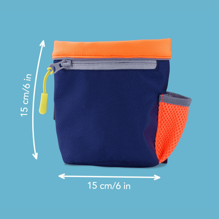 White background with a a Coachi Train and Treat pouch in navy and coral, with measurements around it.