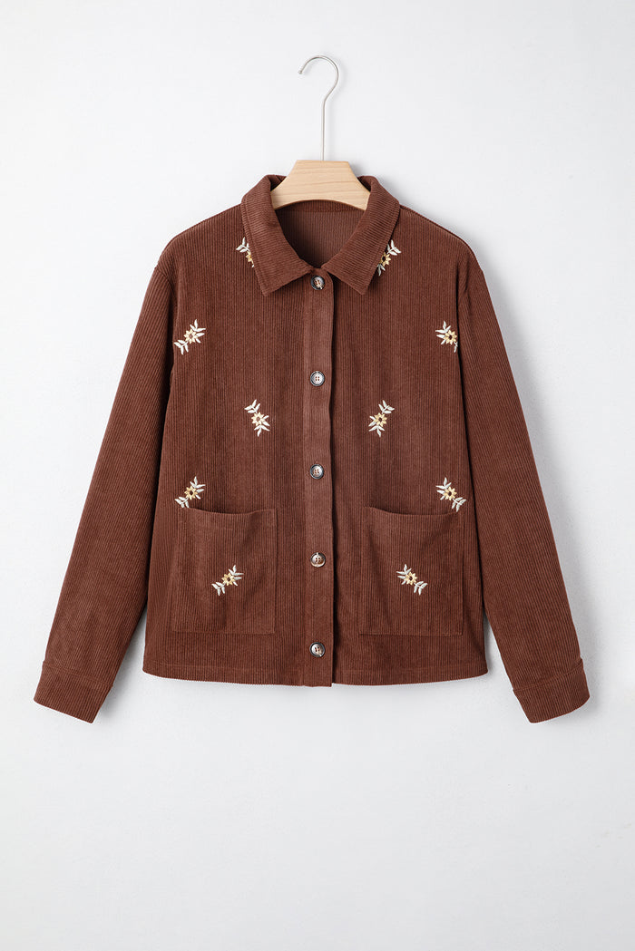 Coffee Floral Embroidered Collar Button Front Corduroy Jacket With Pocket